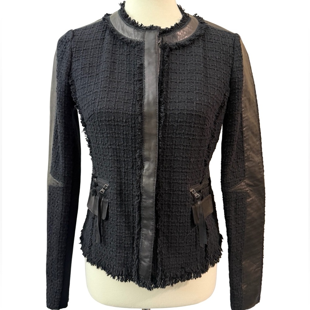 Rebecca Taylor Tweed Fitted Blazer Leather Trim Raw Edge Black Size 6 NWT